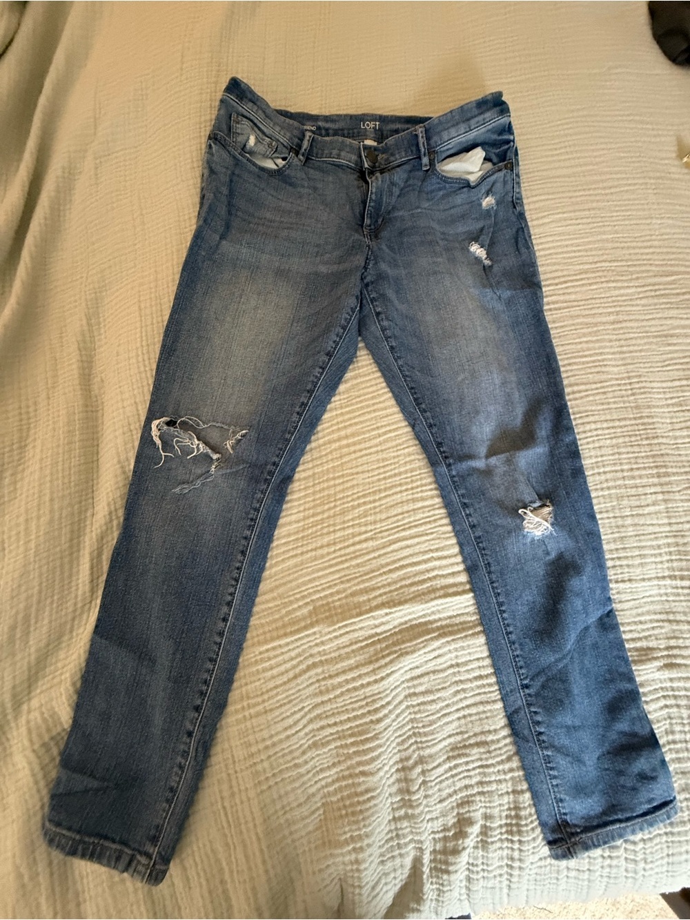 LOFT Women's Girlfriend Fit Jeans in Faded Blue with Distressed Details